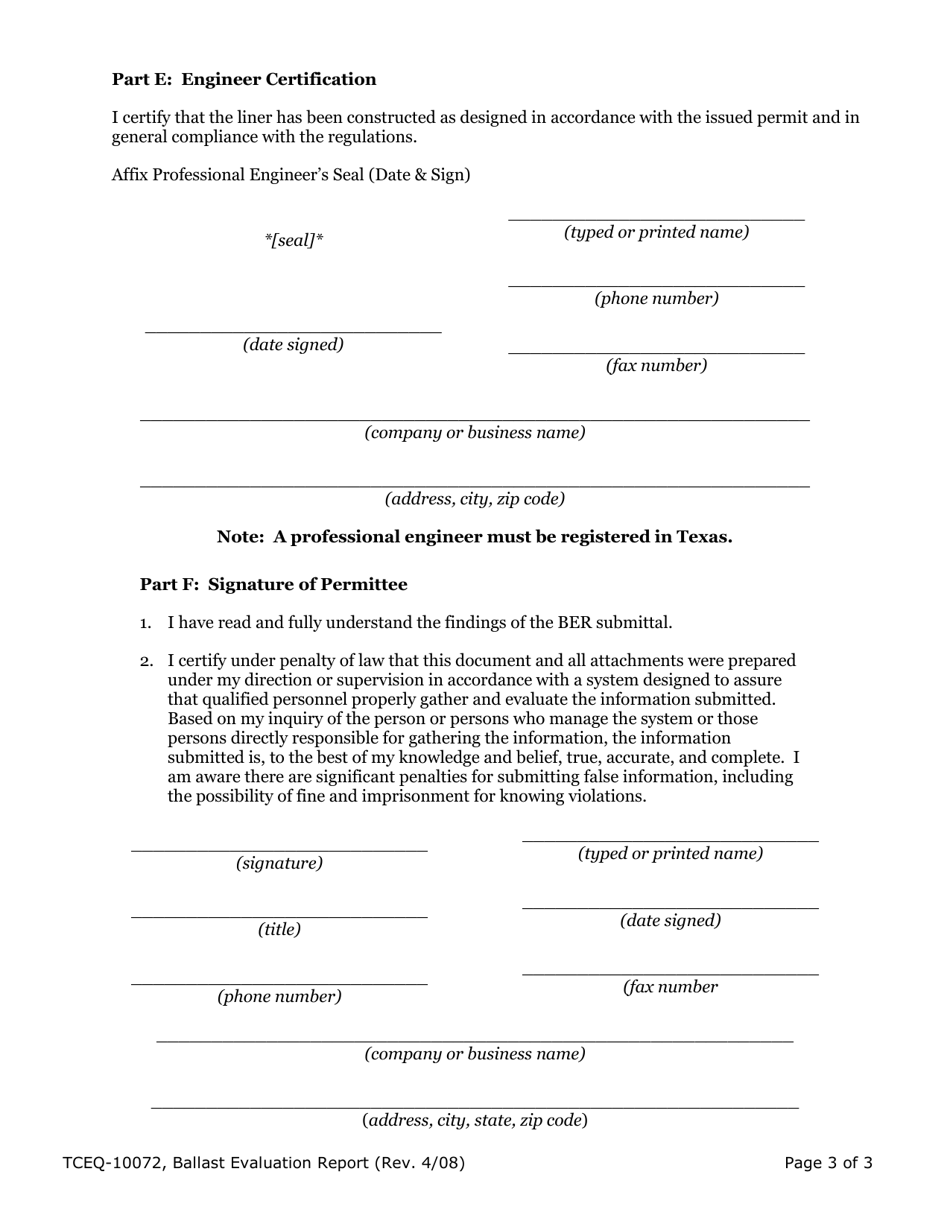 Form TCEQ-10072 Municipal Solid Waste Landfill Site Ballast Evaluation Report - Texas, Page 4