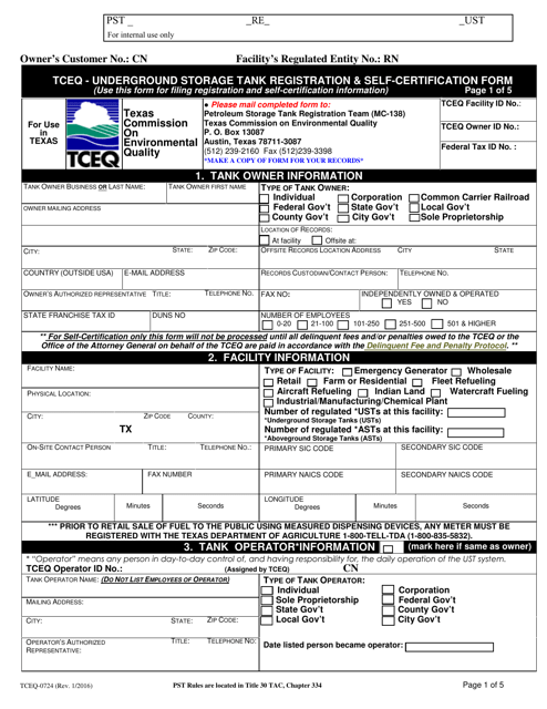 Form TCEQ-00724 Underground Storage Tank Registration and Self-certification Form - Texas
