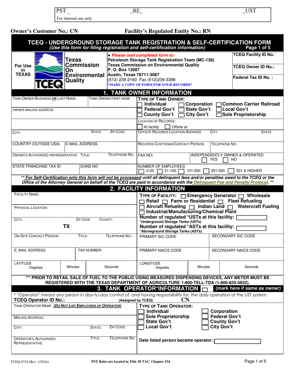 Form TCEQ-00724 Underground Storage Tank Registration and Self-certification Form - Texas, Page 1