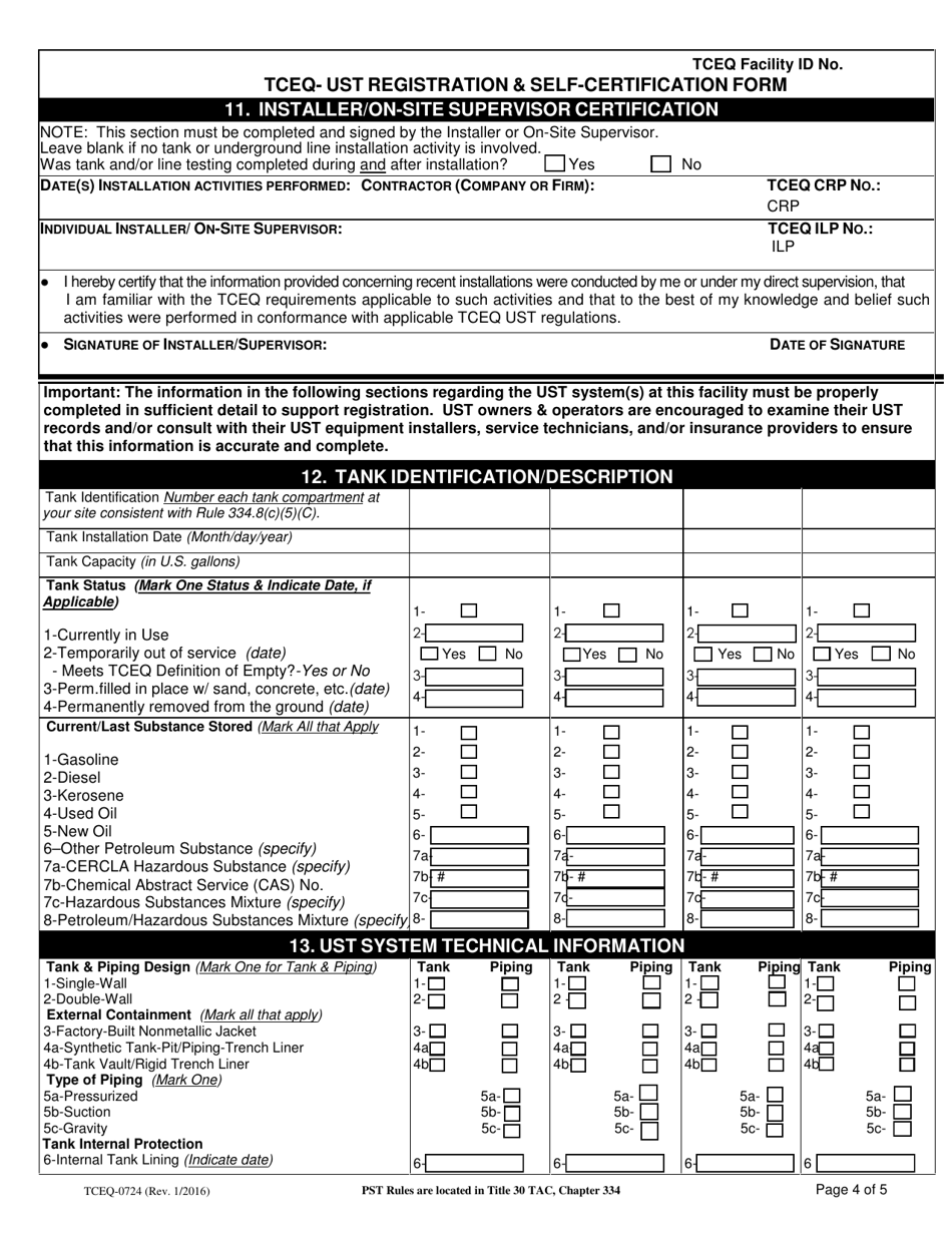 Form TCEQ-00724 Underground Storage Tank Registration and Self-certification Form - Texas, Page 4