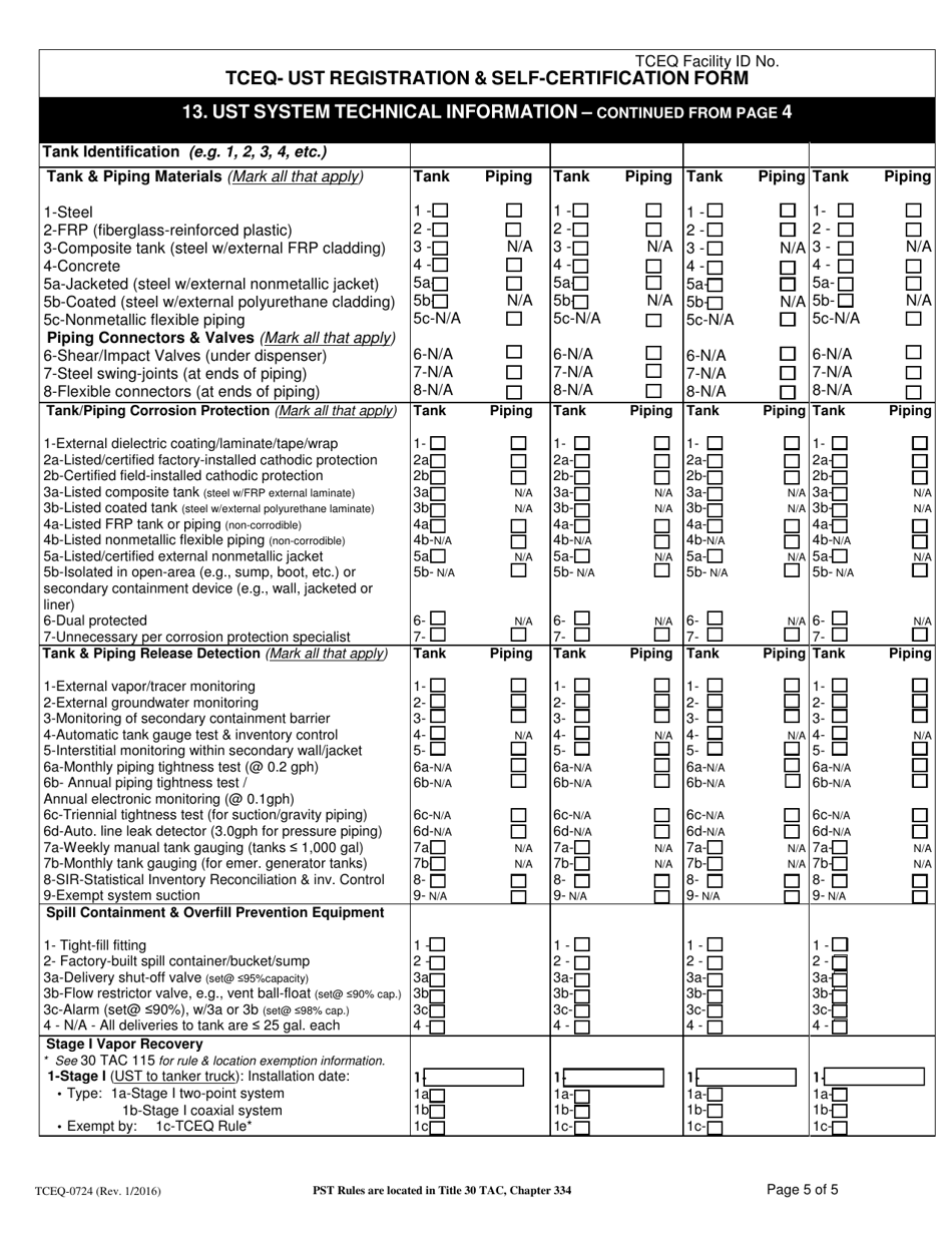 Form TCEQ-00724 Underground Storage Tank Registration and Self-certification Form - Texas, Page 5