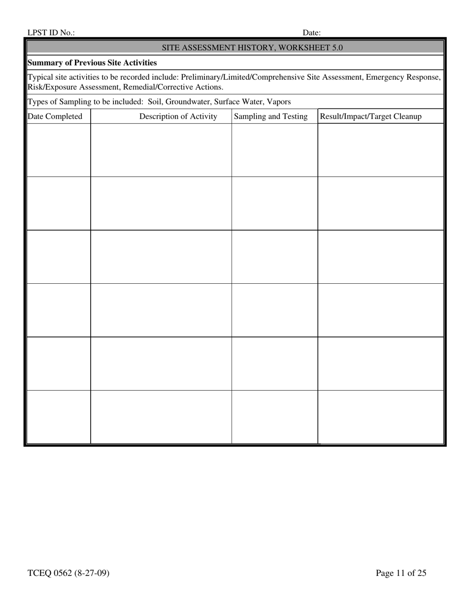 Form TCEQ-00562 Assessment Report Form (Pdf) in Guidance for Risk-Based Assessments at Leaking Petroleum Storage Tank Sites in Texas - Texas, Page 11