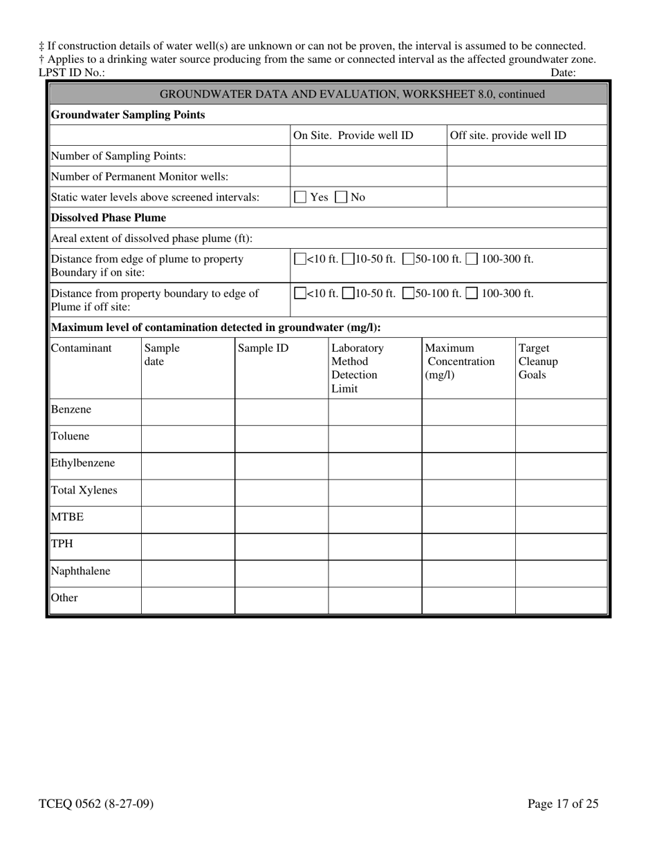 Form TCEQ-00562 Assessment Report Form (Pdf) in Guidance for Risk-Based Assessments at Leaking Petroleum Storage Tank Sites in Texas - Texas, Page 17