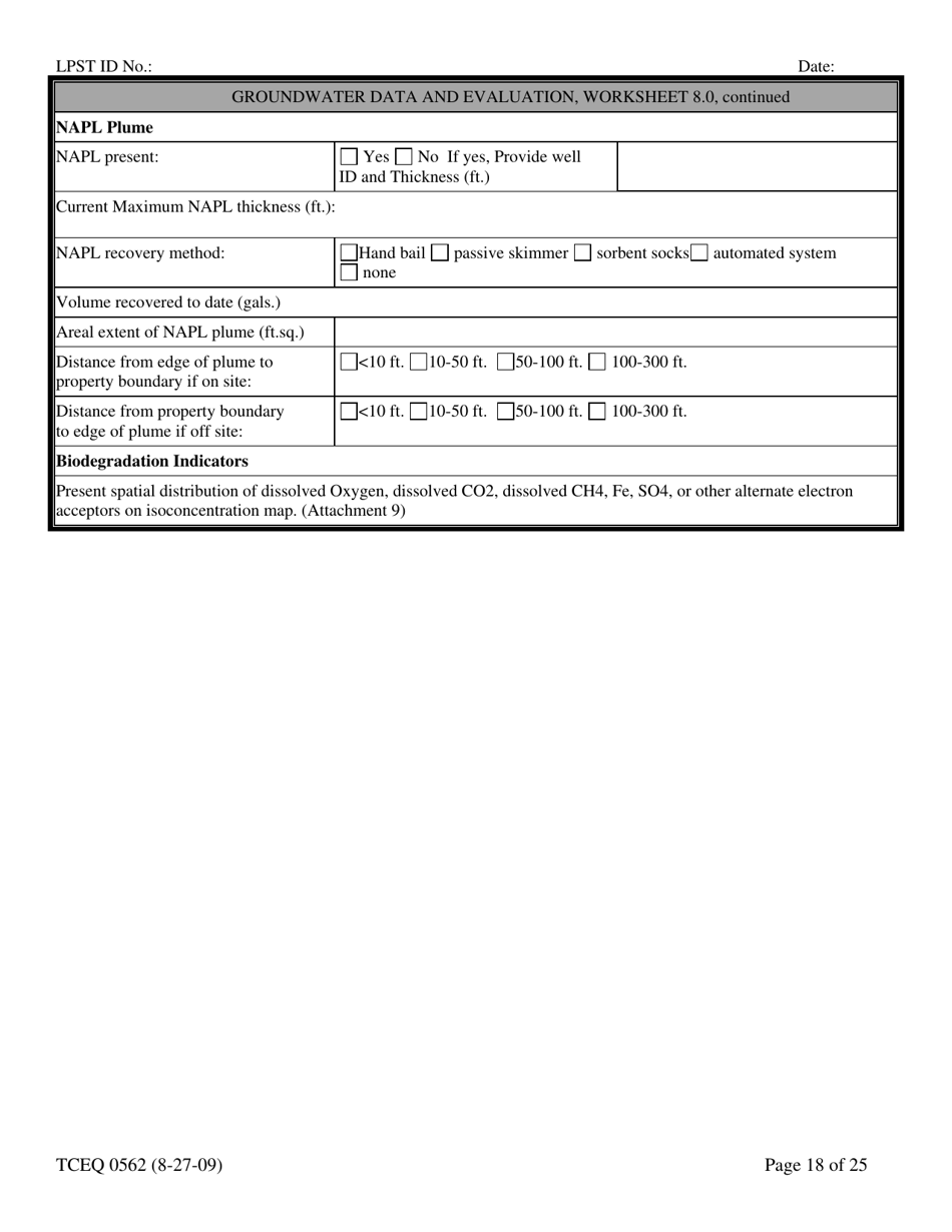 Form TCEQ-00562 Assessment Report Form (Pdf) in Guidance for Risk-Based Assessments at Leaking Petroleum Storage Tank Sites in Texas - Texas, Page 18