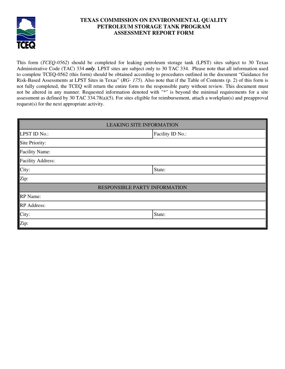 Form TCEQ-00562 Assessment Report Form (Pdf) in Guidance for Risk-Based Assessments at Leaking Petroleum Storage Tank Sites in Texas - Texas, Page 1