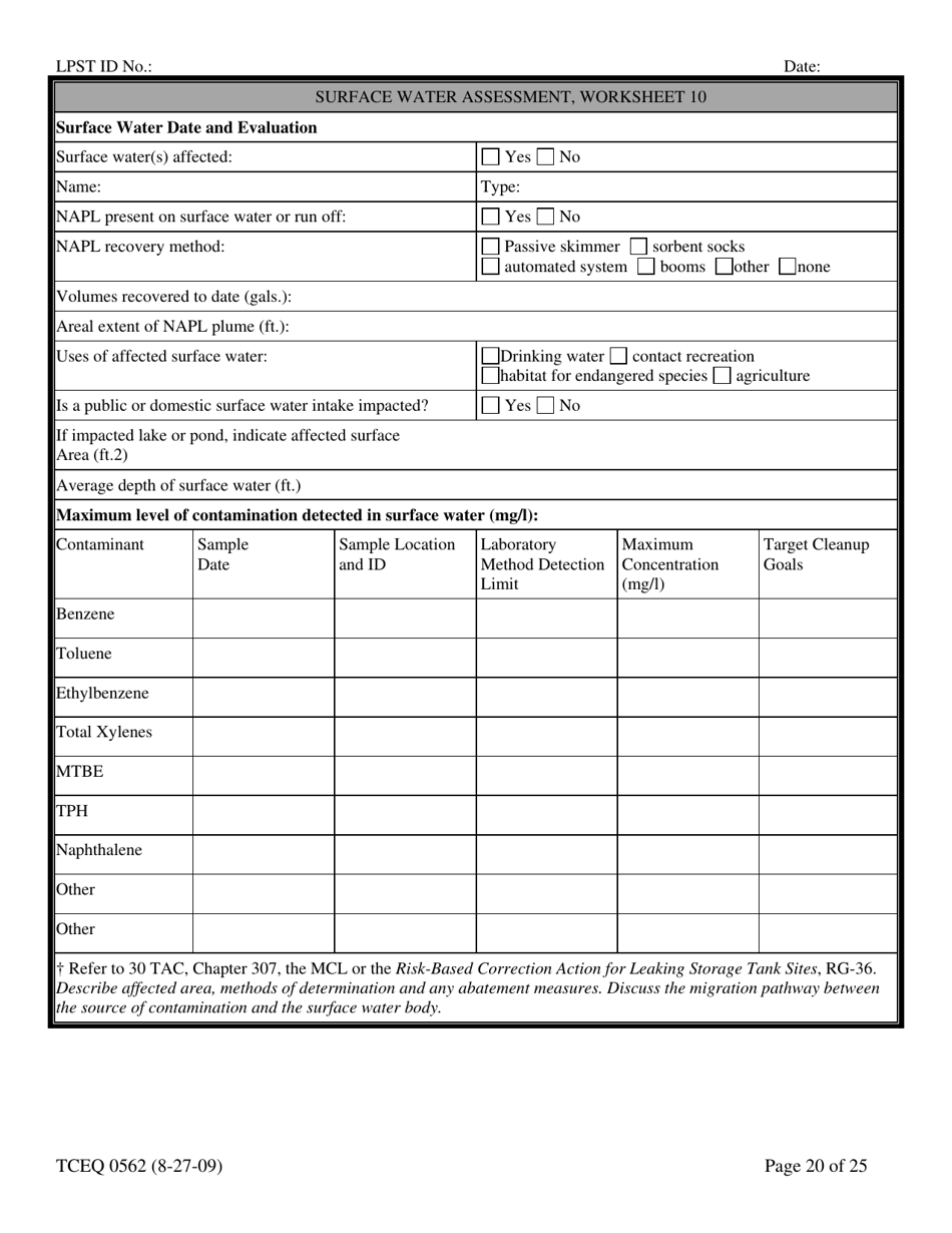 Form TCEQ-00562 Assessment Report Form (Pdf) in Guidance for Risk-Based Assessments at Leaking Petroleum Storage Tank Sites in Texas - Texas, Page 20