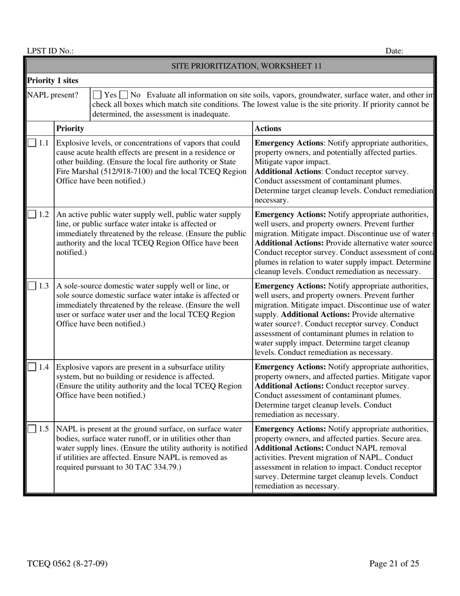 Form TCEQ-00562 Assessment Report Form (Pdf) in Guidance for Risk-Based Assessments at Leaking Petroleum Storage Tank Sites in Texas - Texas, Page 21