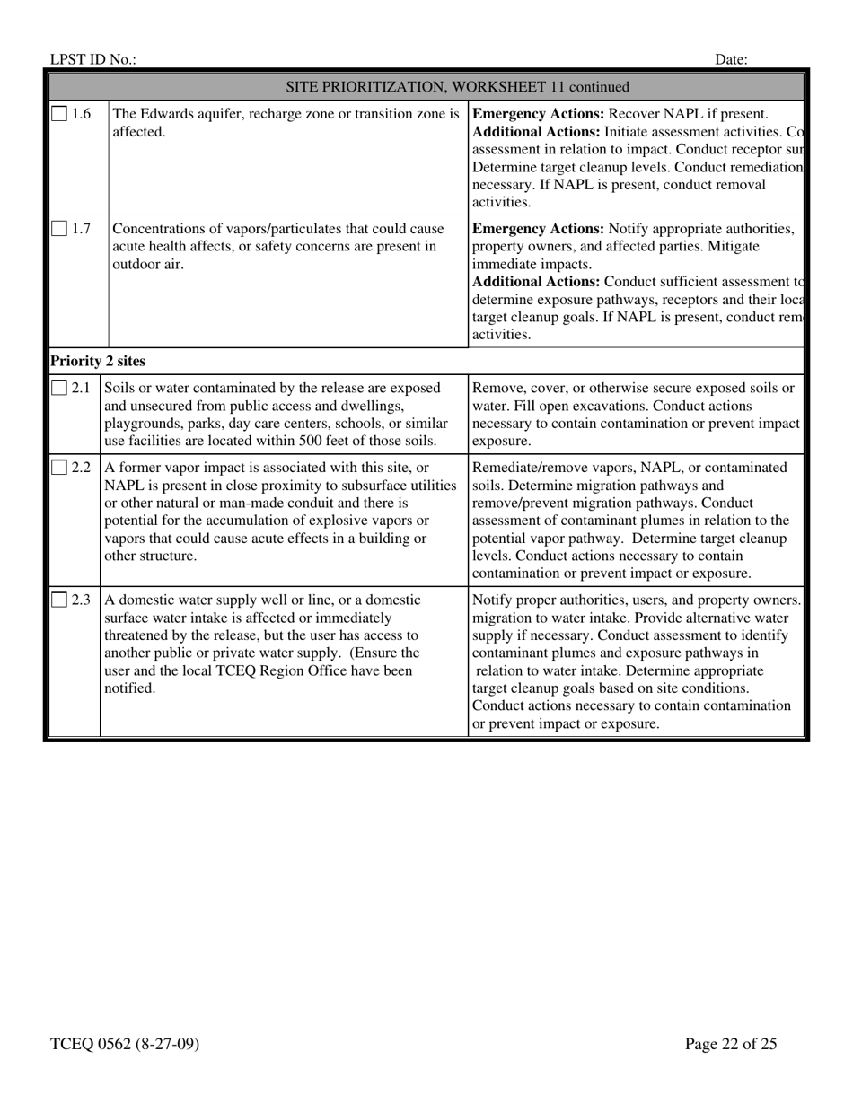 Form TCEQ-00562 Assessment Report Form (Pdf) in Guidance for Risk-Based Assessments at Leaking Petroleum Storage Tank Sites in Texas - Texas, Page 22
