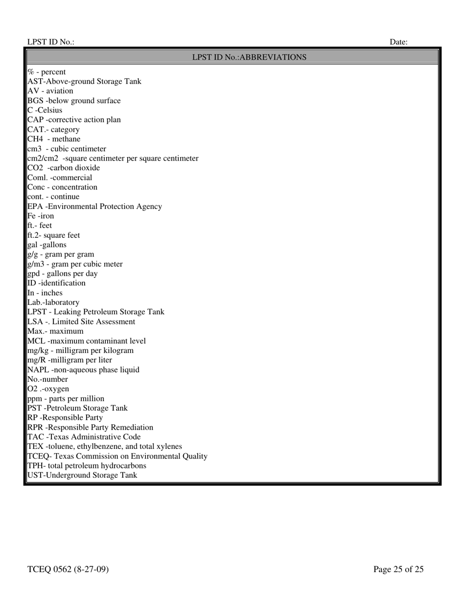 Form TCEQ-00562 Assessment Report Form (Pdf) in Guidance for Risk-Based Assessments at Leaking Petroleum Storage Tank Sites in Texas - Texas, Page 25
