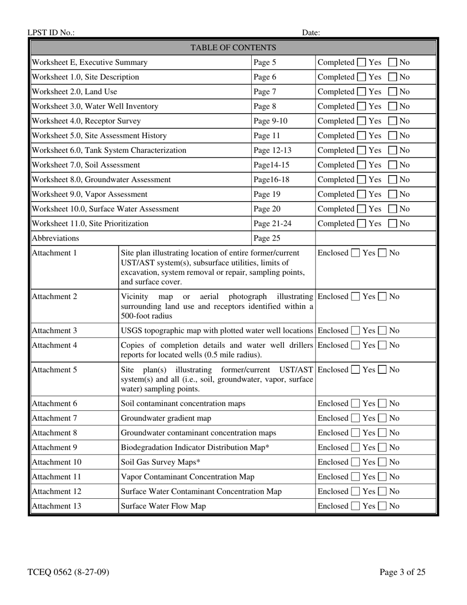 Form TCEQ-00562 Assessment Report Form (Pdf) in Guidance for Risk-Based Assessments at Leaking Petroleum Storage Tank Sites in Texas - Texas, Page 3