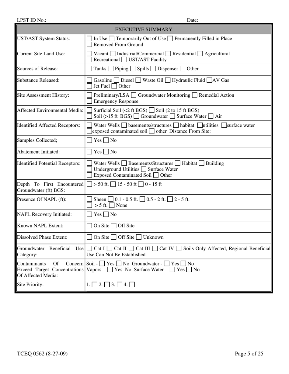 Form TCEQ-00562 Assessment Report Form (Pdf) in Guidance for Risk-Based Assessments at Leaking Petroleum Storage Tank Sites in Texas - Texas, Page 5