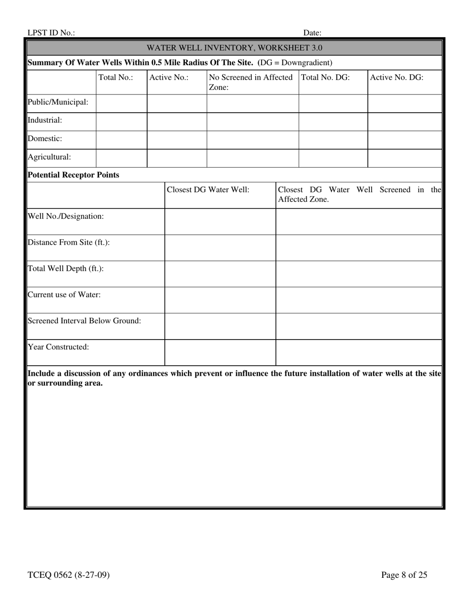 Form TCEQ-00562 Assessment Report Form (Pdf) in Guidance for Risk-Based Assessments at Leaking Petroleum Storage Tank Sites in Texas - Texas, Page 8