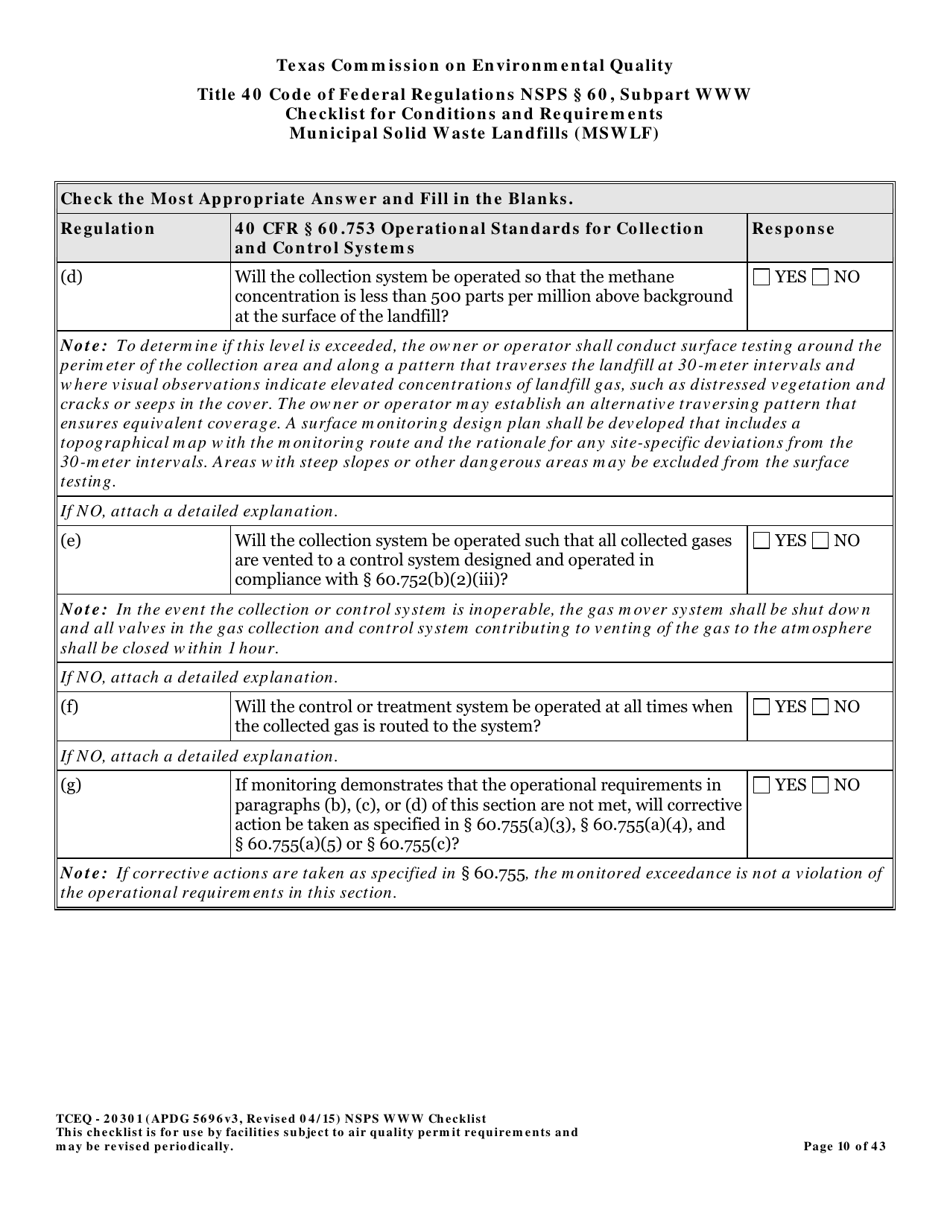 Form TCEQ-20301 Checklist for Standards of Performance for Mswlf Title 40 Cfr / Nsps Subpart Www - Texas, Page 10