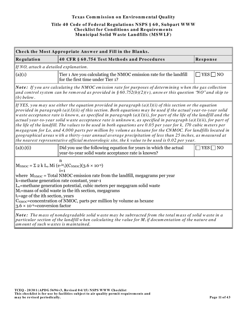 Form TCEQ-20301 Checklist for Standards of Performance for Mswlf Title 40 Cfr / Nsps Subpart Www - Texas, Page 11