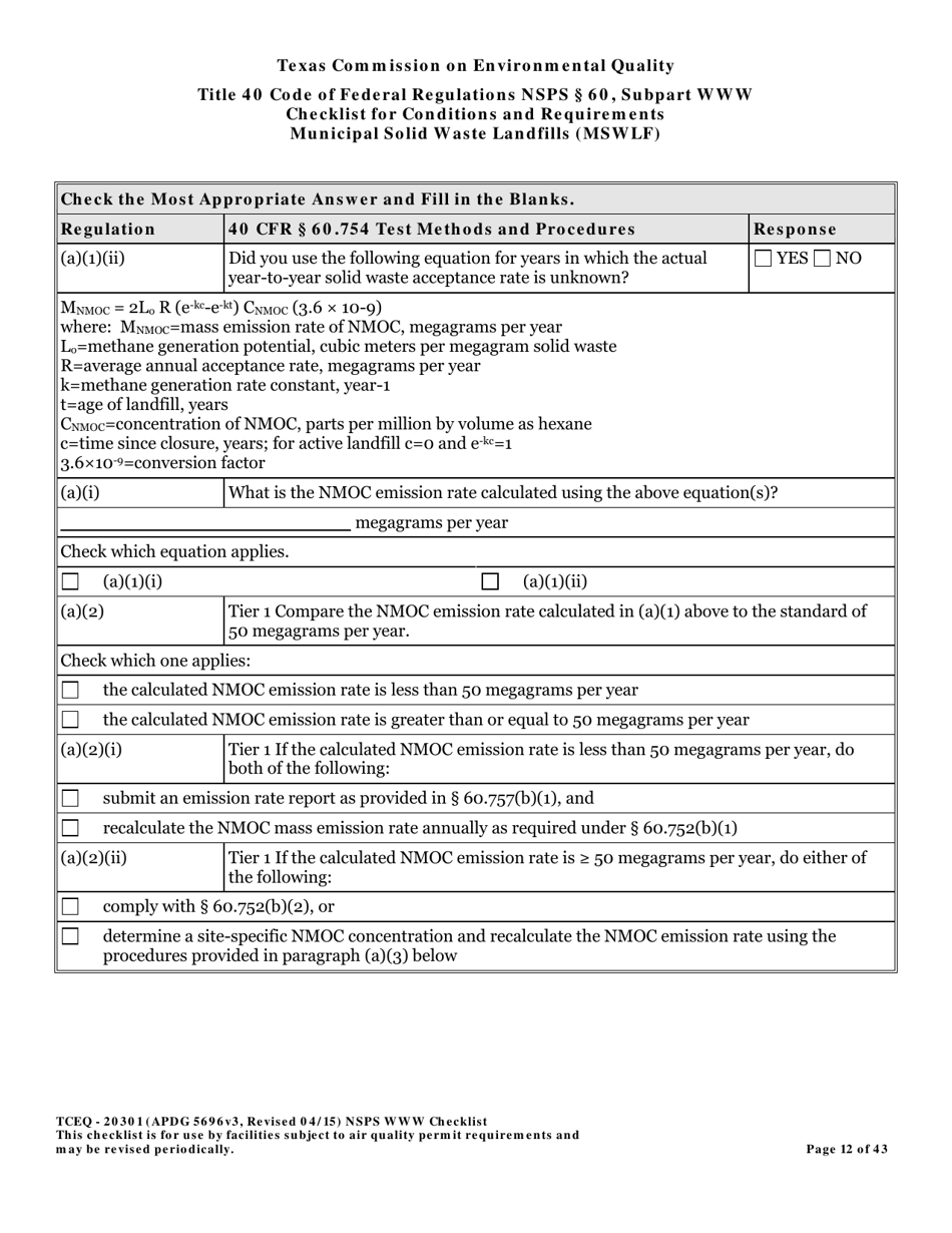 Form TCEQ-20301 Checklist for Standards of Performance for Mswlf Title 40 Cfr / Nsps Subpart Www - Texas, Page 12