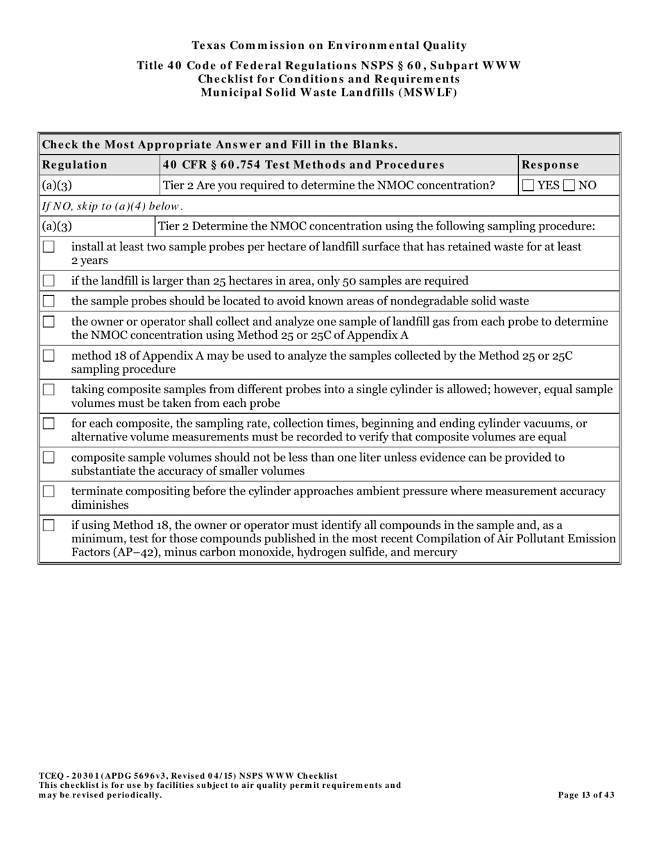 Form TCEQ-20301 Checklist for Standards of Performance for Mswlf Title 40 Cfr / Nsps Subpart Www - Texas, Page 13