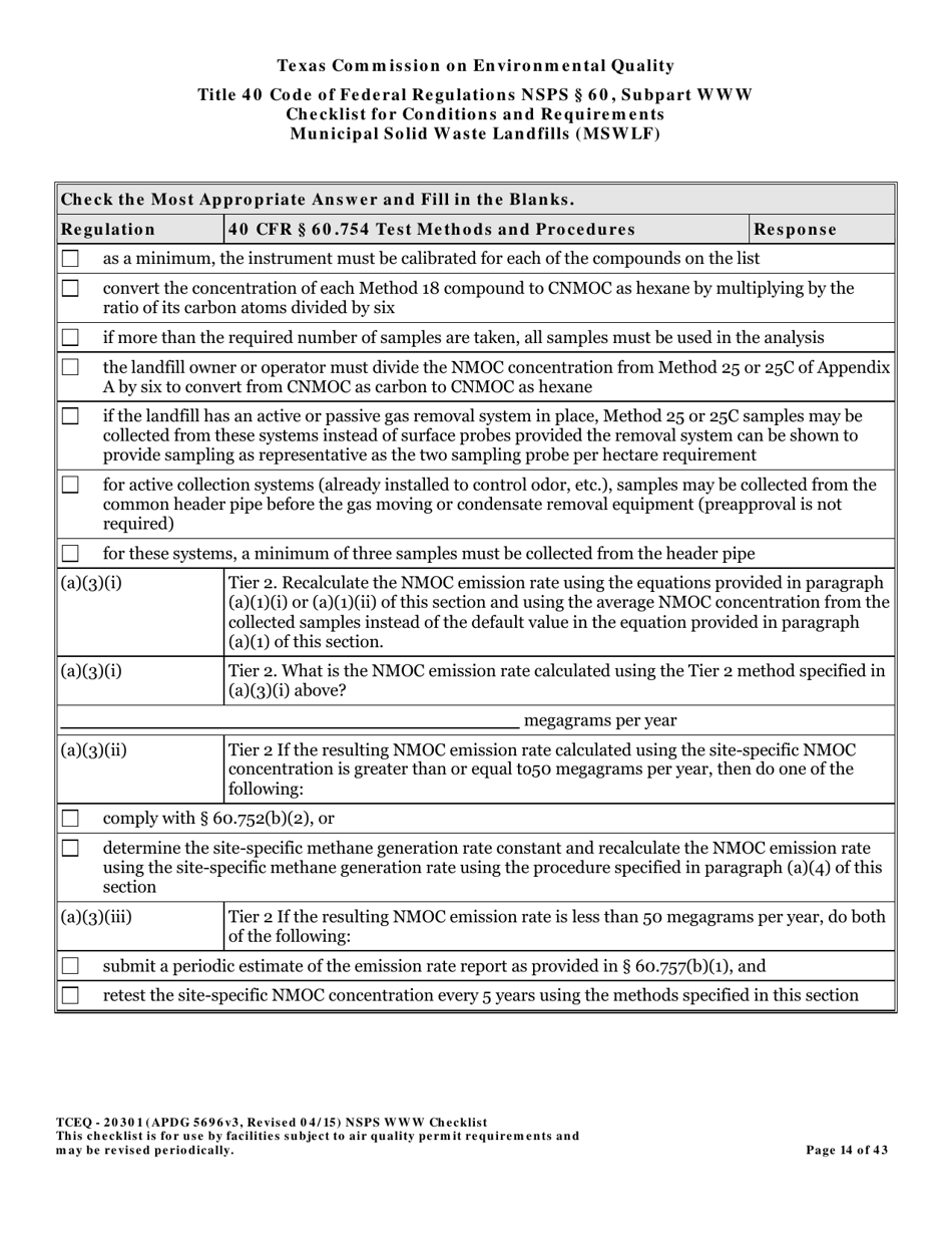 Form TCEQ-20301 Checklist for Standards of Performance for Mswlf Title 40 Cfr / Nsps Subpart Www - Texas, Page 14