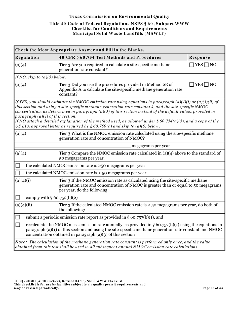 Form TCEQ-20301 Checklist for Standards of Performance for Mswlf Title 40 Cfr / Nsps Subpart Www - Texas, Page 15