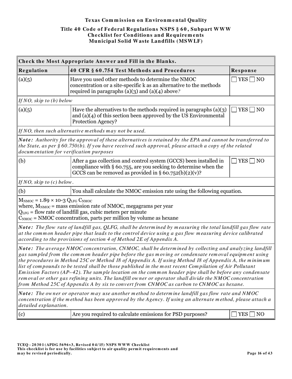 Form TCEQ-20301 Checklist for Standards of Performance for Mswlf Title 40 Cfr / Nsps Subpart Www - Texas, Page 16