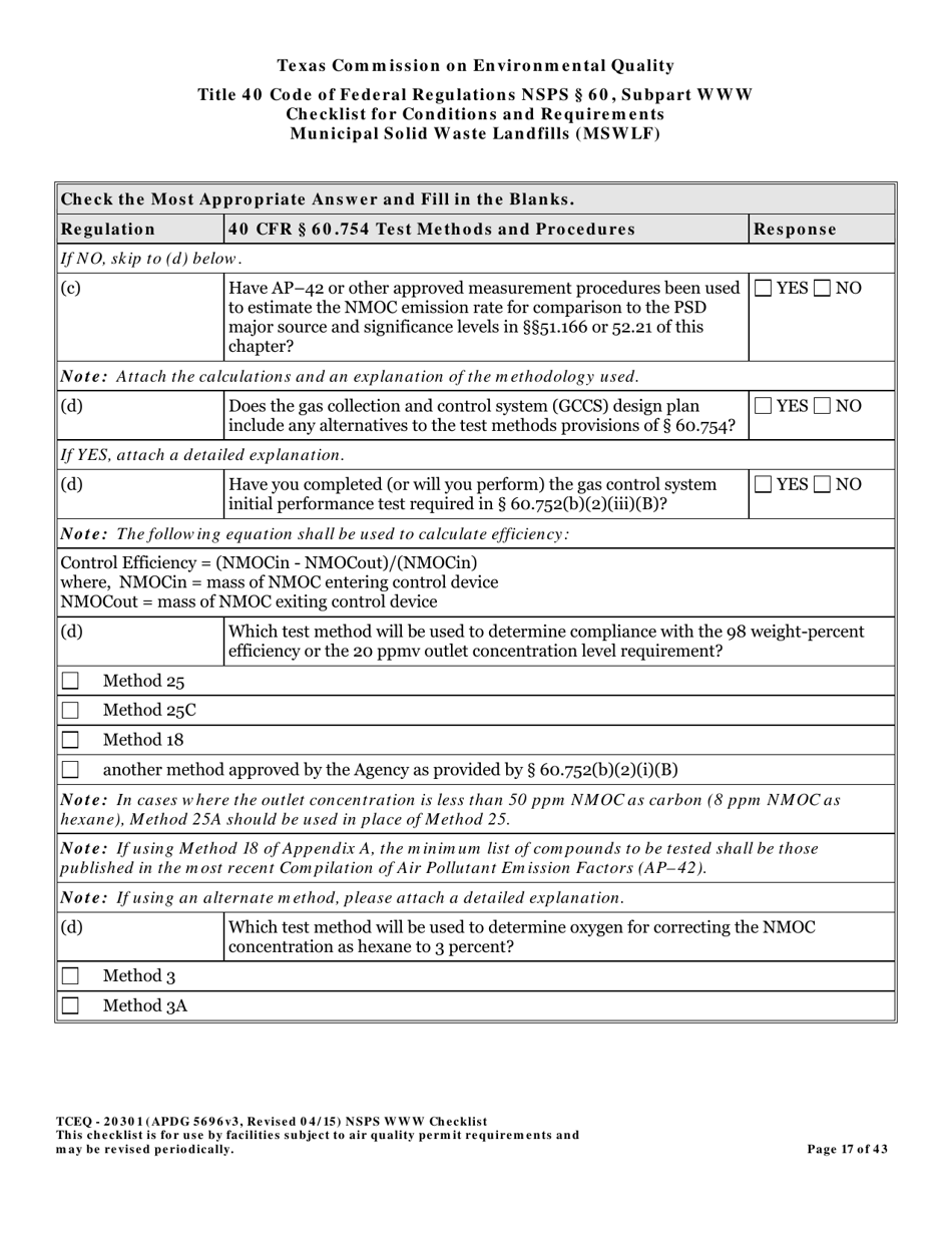 Form TCEQ-20301 Checklist for Standards of Performance for Mswlf Title 40 Cfr / Nsps Subpart Www - Texas, Page 17
