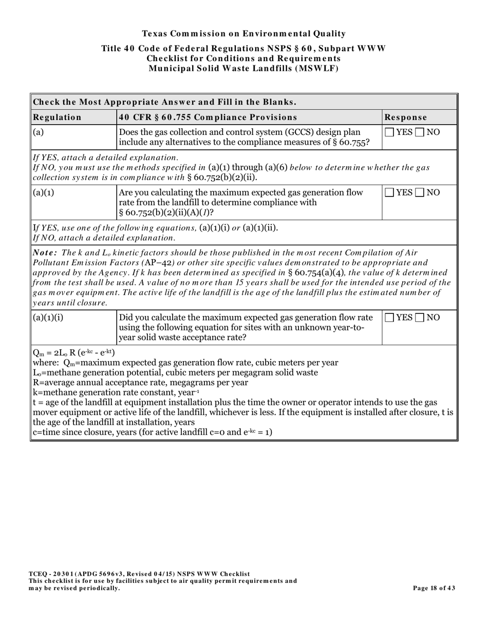Form TCEQ-20301 Checklist for Standards of Performance for Mswlf Title 40 Cfr / Nsps Subpart Www - Texas, Page 18