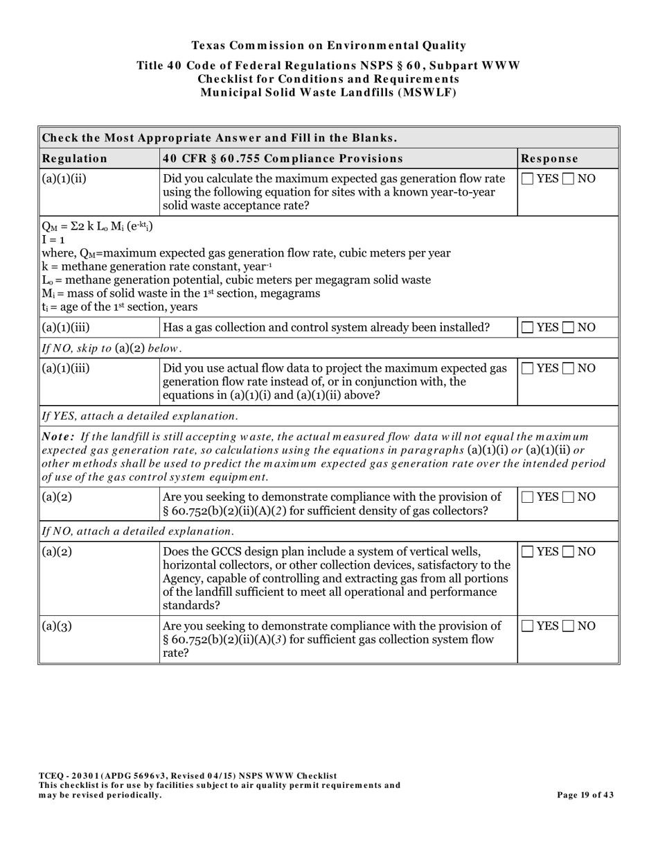 Form TCEQ-20301 Checklist for Standards of Performance for Mswlf Title 40 Cfr / Nsps Subpart Www - Texas, Page 19