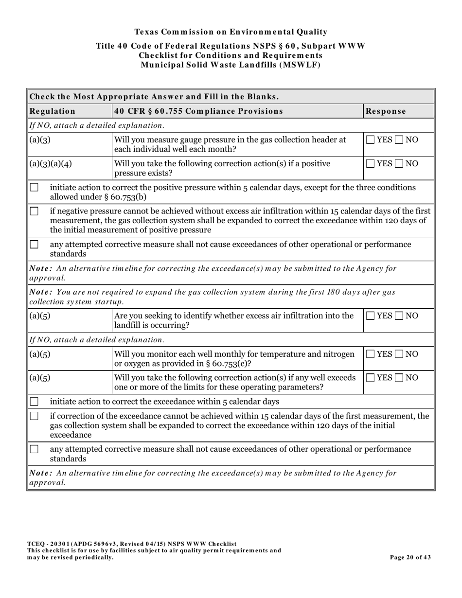 Form TCEQ-20301 Checklist for Standards of Performance for Mswlf Title 40 Cfr / Nsps Subpart Www - Texas, Page 20