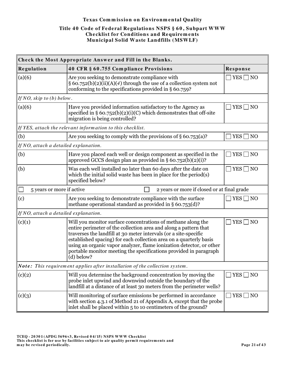 Form TCEQ-20301 Checklist for Standards of Performance for Mswlf Title 40 Cfr / Nsps Subpart Www - Texas, Page 21