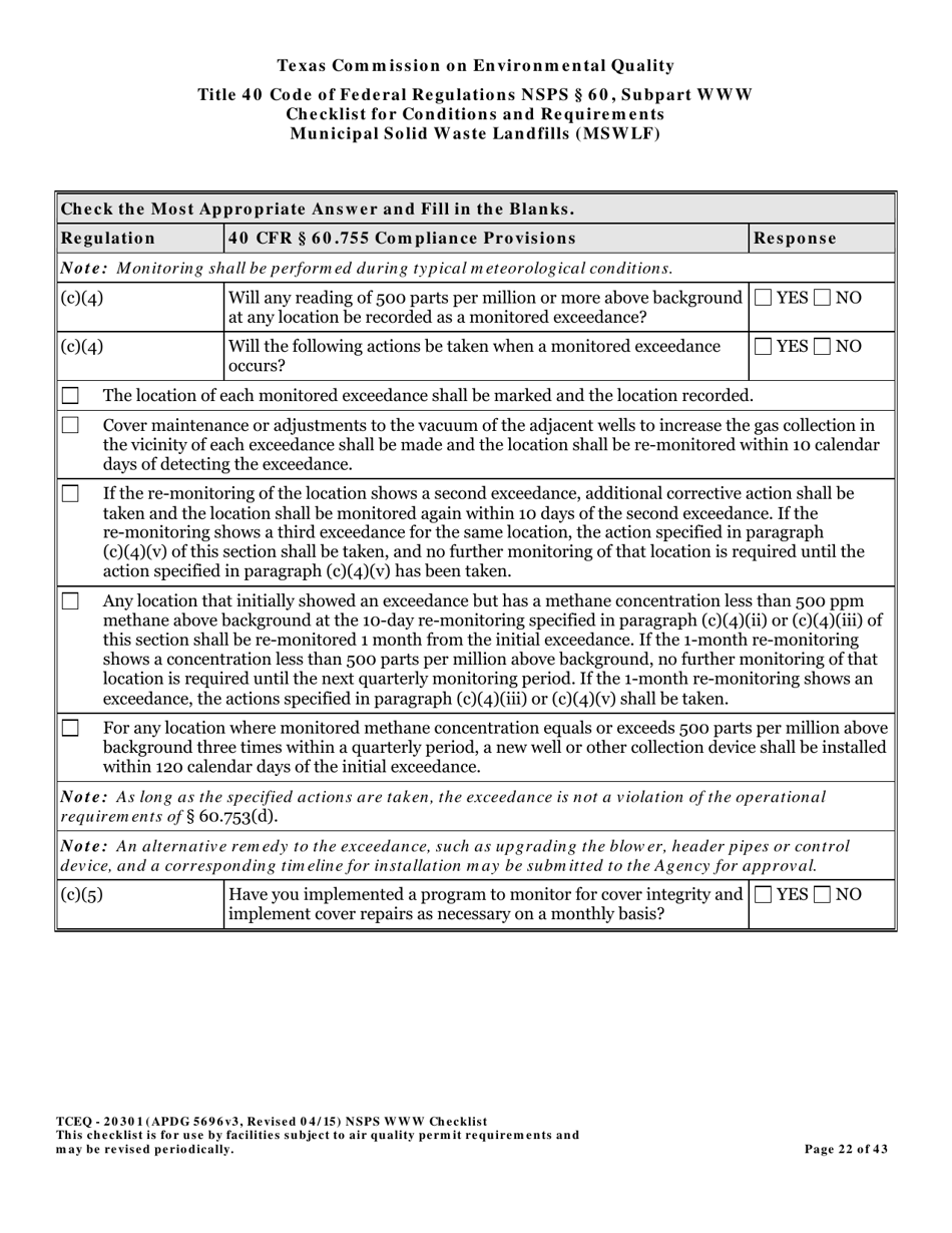 Form TCEQ-20301 Checklist for Standards of Performance for Mswlf Title 40 Cfr / Nsps Subpart Www - Texas, Page 22