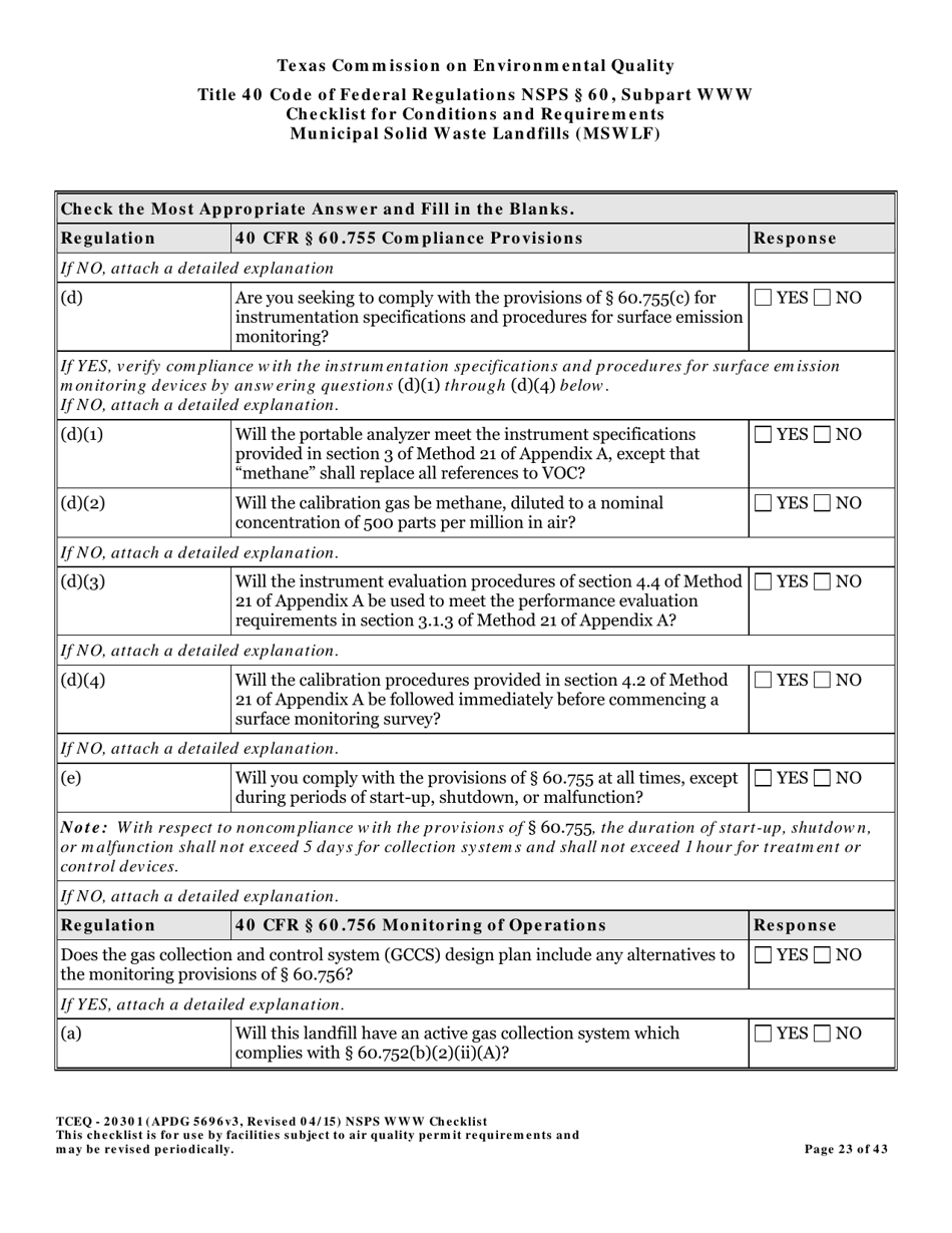 Form TCEQ-20301 Checklist for Standards of Performance for Mswlf Title 40 Cfr / Nsps Subpart Www - Texas, Page 23