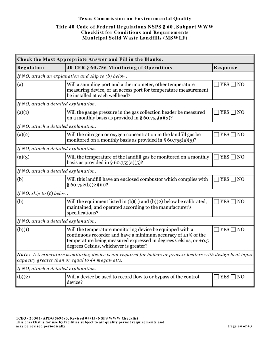 Form TCEQ-20301 Checklist for Standards of Performance for Mswlf Title 40 Cfr / Nsps Subpart Www - Texas, Page 24