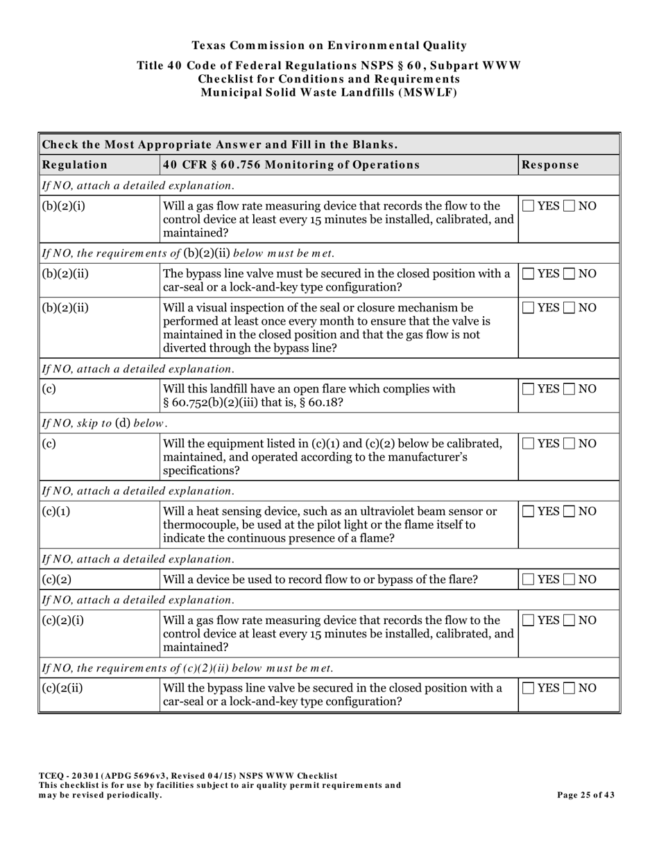 Form TCEQ-20301 Checklist for Standards of Performance for Mswlf Title 40 Cfr / Nsps Subpart Www - Texas, Page 25