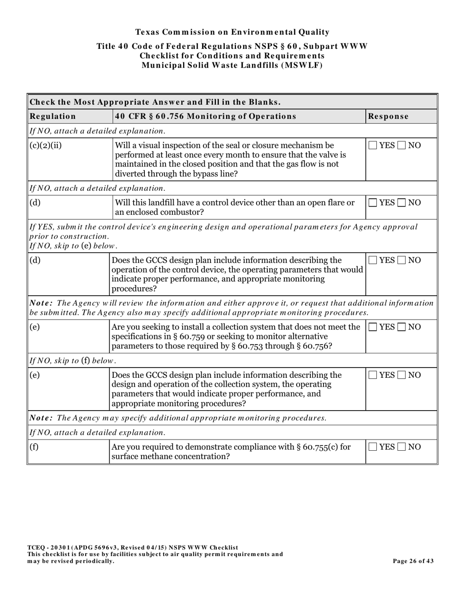 Form TCEQ-20301 Checklist for Standards of Performance for Mswlf Title 40 Cfr / Nsps Subpart Www - Texas, Page 26
