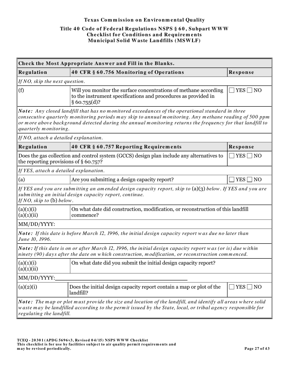 Form TCEQ-20301 Checklist for Standards of Performance for Mswlf Title 40 Cfr / Nsps Subpart Www - Texas, Page 27