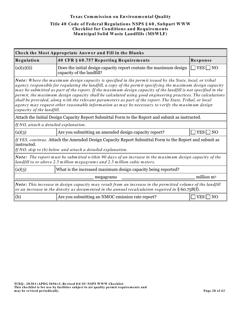 Form TCEQ-20301 Checklist for Standards of Performance for Mswlf Title 40 Cfr / Nsps Subpart Www - Texas, Page 28
