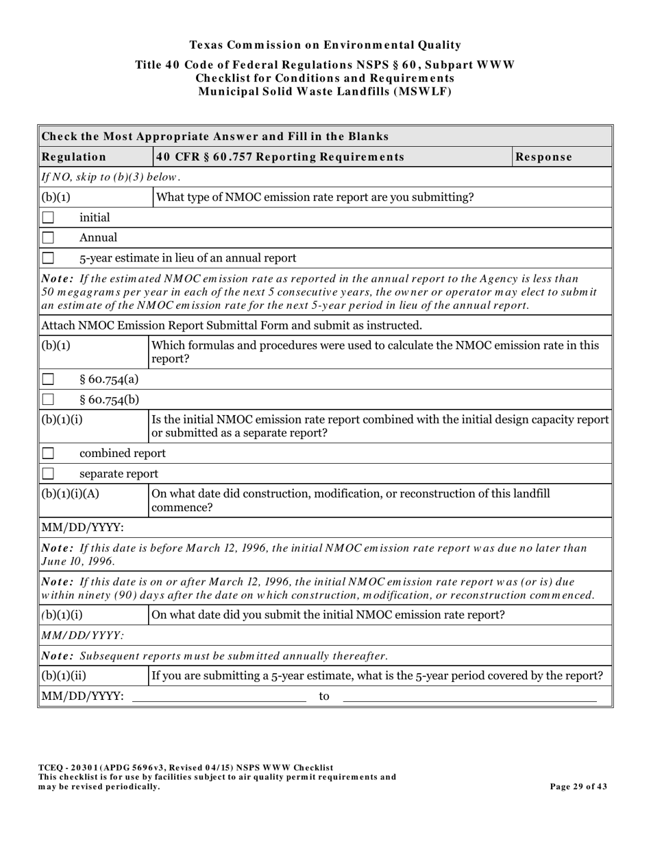 Form TCEQ-20301 Checklist for Standards of Performance for Mswlf Title 40 Cfr / Nsps Subpart Www - Texas, Page 29