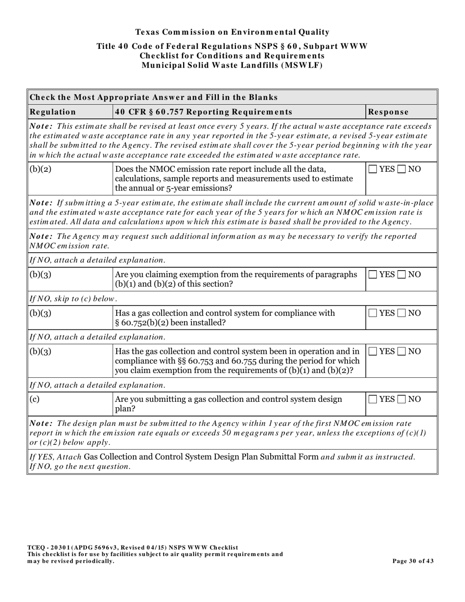 Form TCEQ-20301 Checklist for Standards of Performance for Mswlf Title 40 Cfr / Nsps Subpart Www - Texas, Page 30