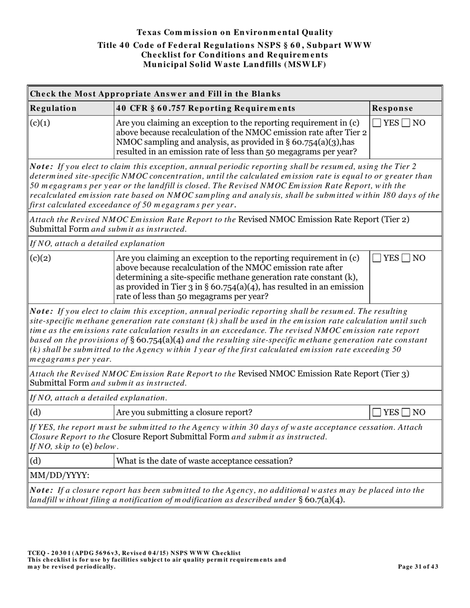 Form TCEQ-20301 Checklist for Standards of Performance for Mswlf Title 40 Cfr / Nsps Subpart Www - Texas, Page 31