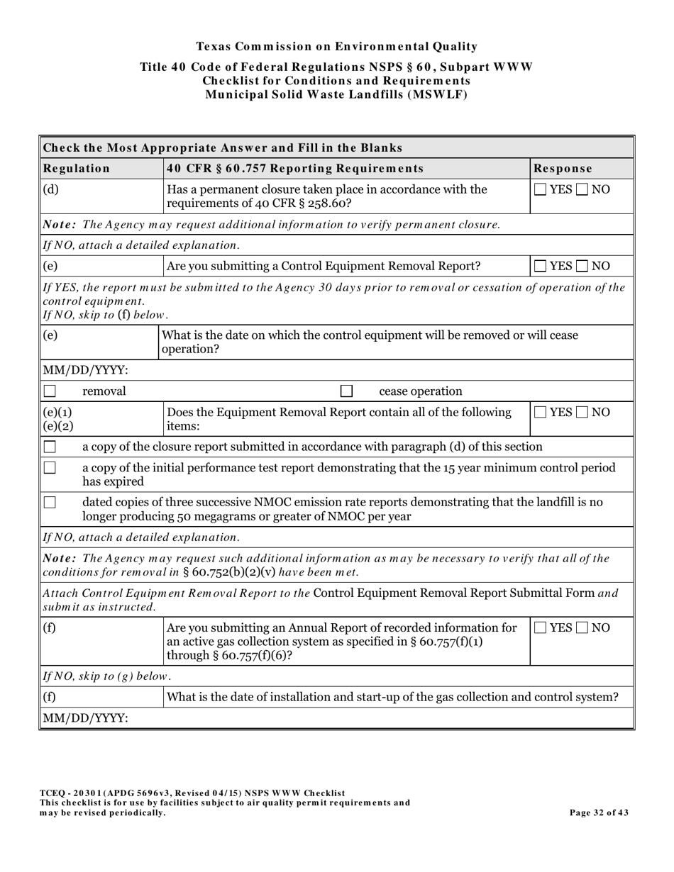 Form TCEQ-20301 Checklist for Standards of Performance for Mswlf Title 40 Cfr / Nsps Subpart Www - Texas, Page 32