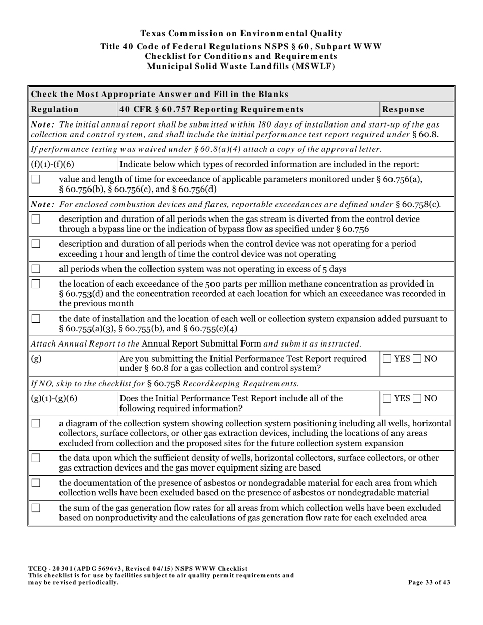 Form TCEQ-20301 Checklist for Standards of Performance for Mswlf Title 40 Cfr / Nsps Subpart Www - Texas, Page 33