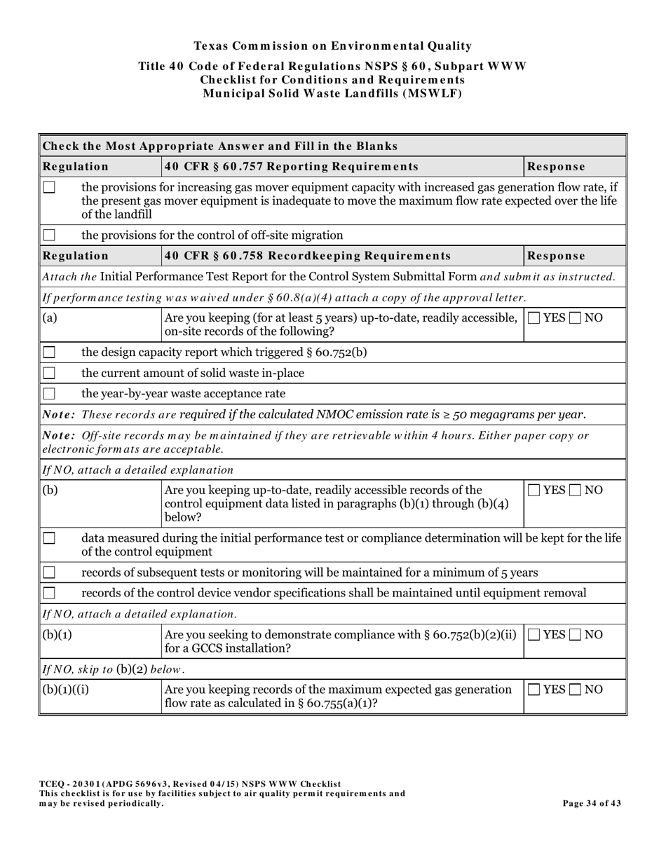 Form TCEQ-20301 Checklist for Standards of Performance for Mswlf Title 40 Cfr / Nsps Subpart Www - Texas, Page 34