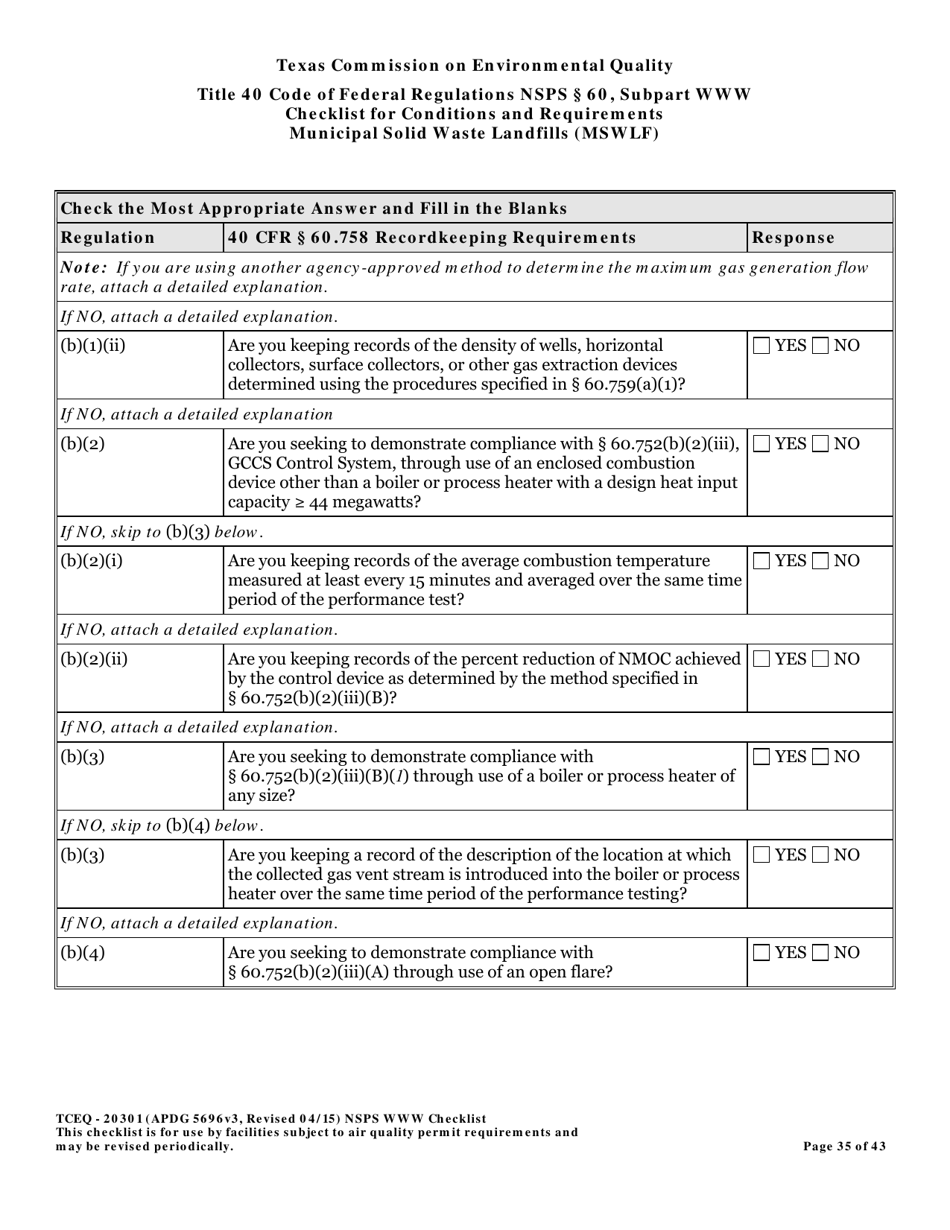 Form TCEQ-20301 Checklist for Standards of Performance for Mswlf Title 40 Cfr / Nsps Subpart Www - Texas, Page 35