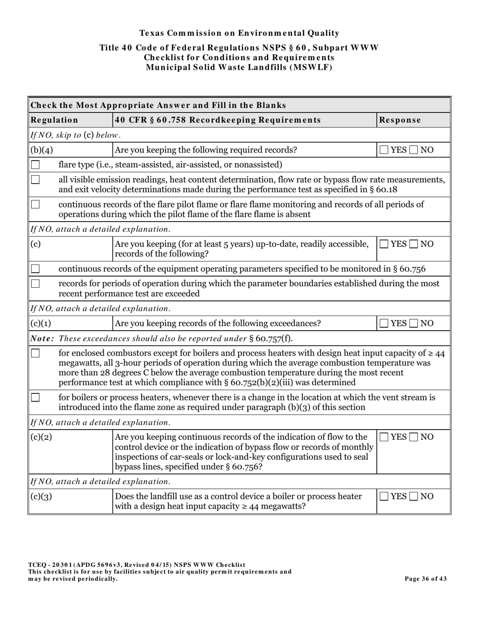 Form TCEQ-20301 Checklist for Standards of Performance for Mswlf Title 40 Cfr / Nsps Subpart Www - Texas, Page 36