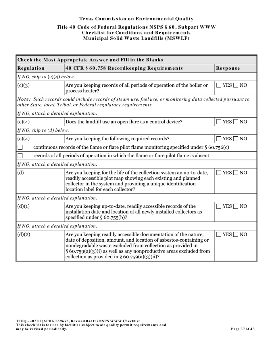Form TCEQ-20301 Checklist for Standards of Performance for Mswlf Title 40 Cfr / Nsps Subpart Www - Texas, Page 37