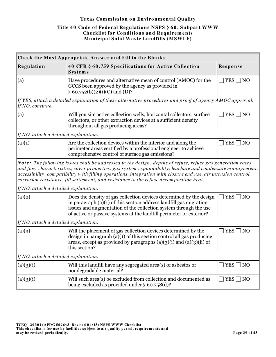 Form TCEQ-20301 Checklist for Standards of Performance for Mswlf Title 40 Cfr / Nsps Subpart Www - Texas, Page 39