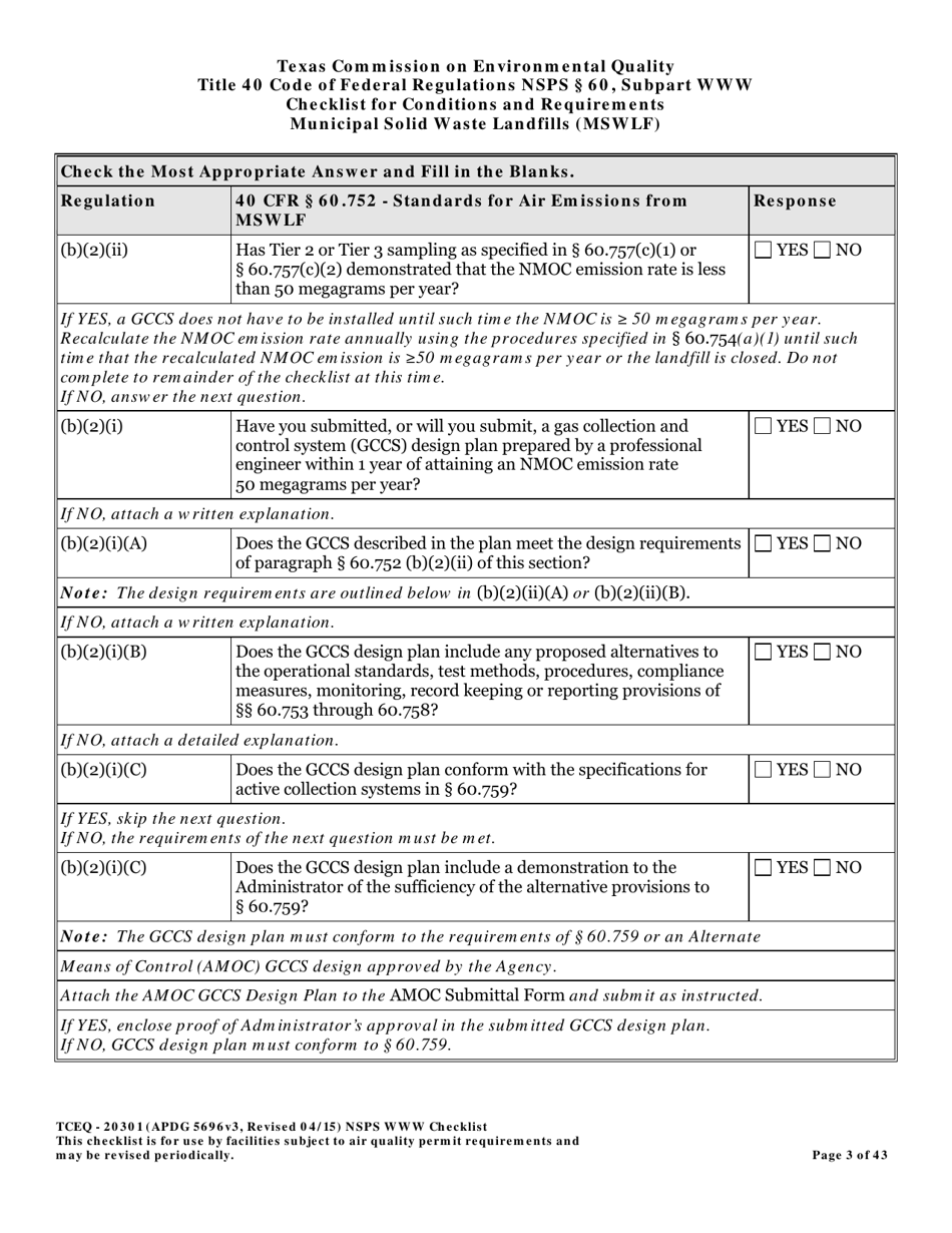 Form TCEQ-20301 Checklist for Standards of Performance for Mswlf Title 40 Cfr / Nsps Subpart Www - Texas, Page 3