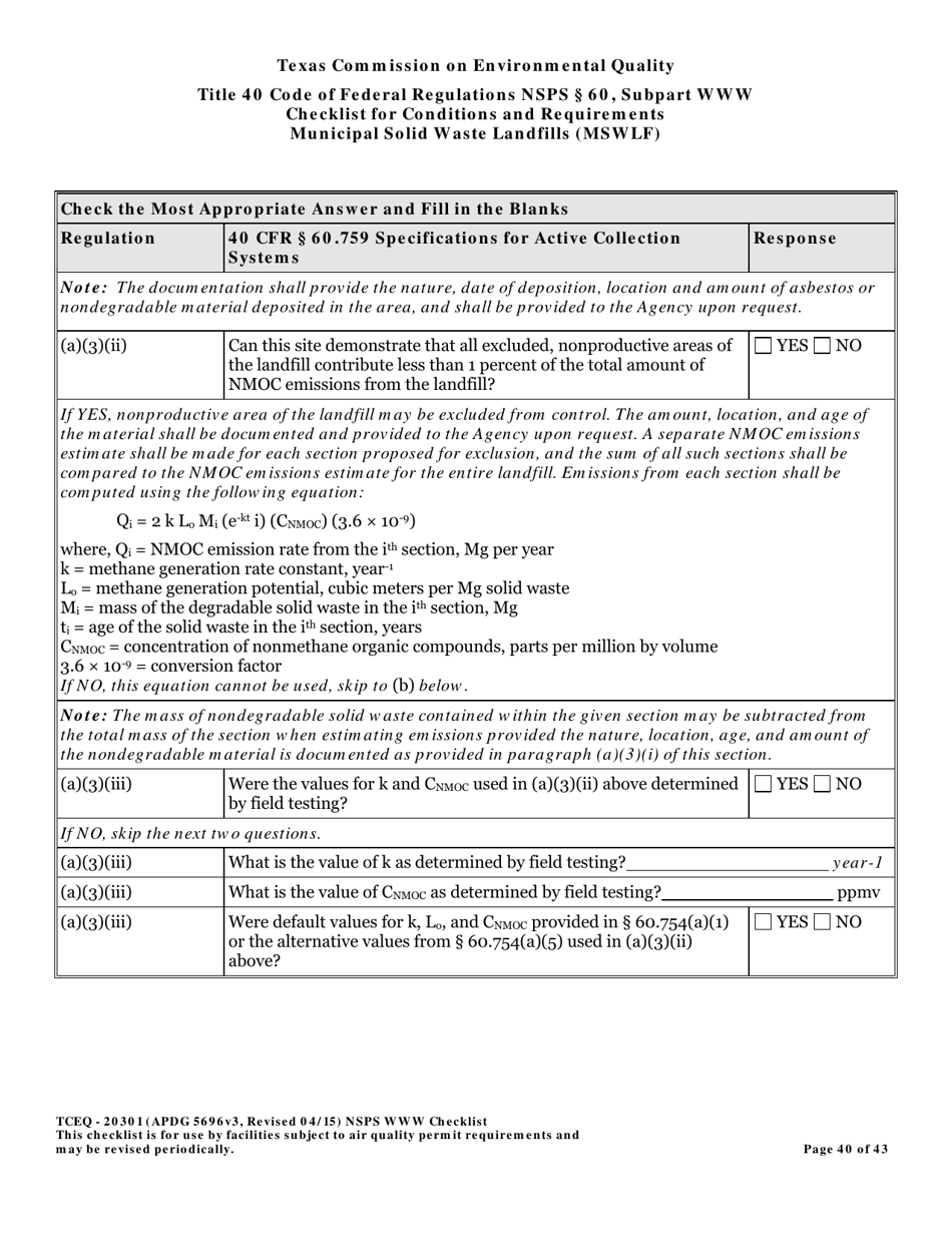 Form TCEQ-20301 Checklist for Standards of Performance for Mswlf Title 40 Cfr / Nsps Subpart Www - Texas, Page 40