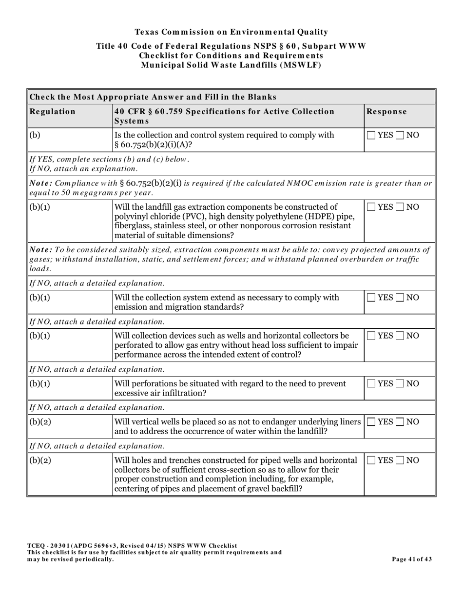Form TCEQ-20301 Checklist for Standards of Performance for Mswlf Title 40 Cfr / Nsps Subpart Www - Texas, Page 41