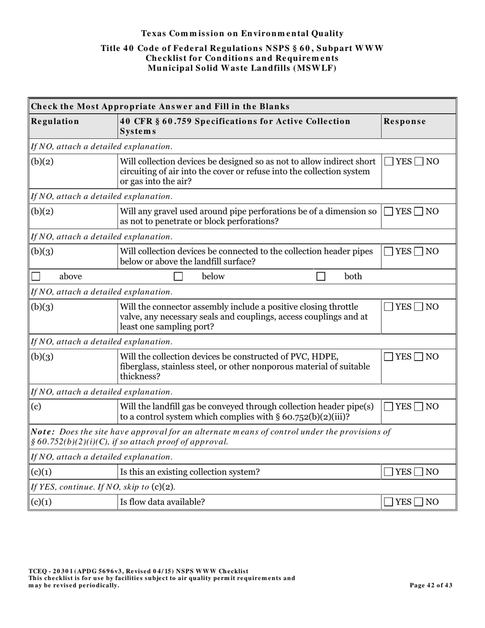 Form TCEQ-20301 Checklist for Standards of Performance for Mswlf Title 40 Cfr / Nsps Subpart Www - Texas, Page 42