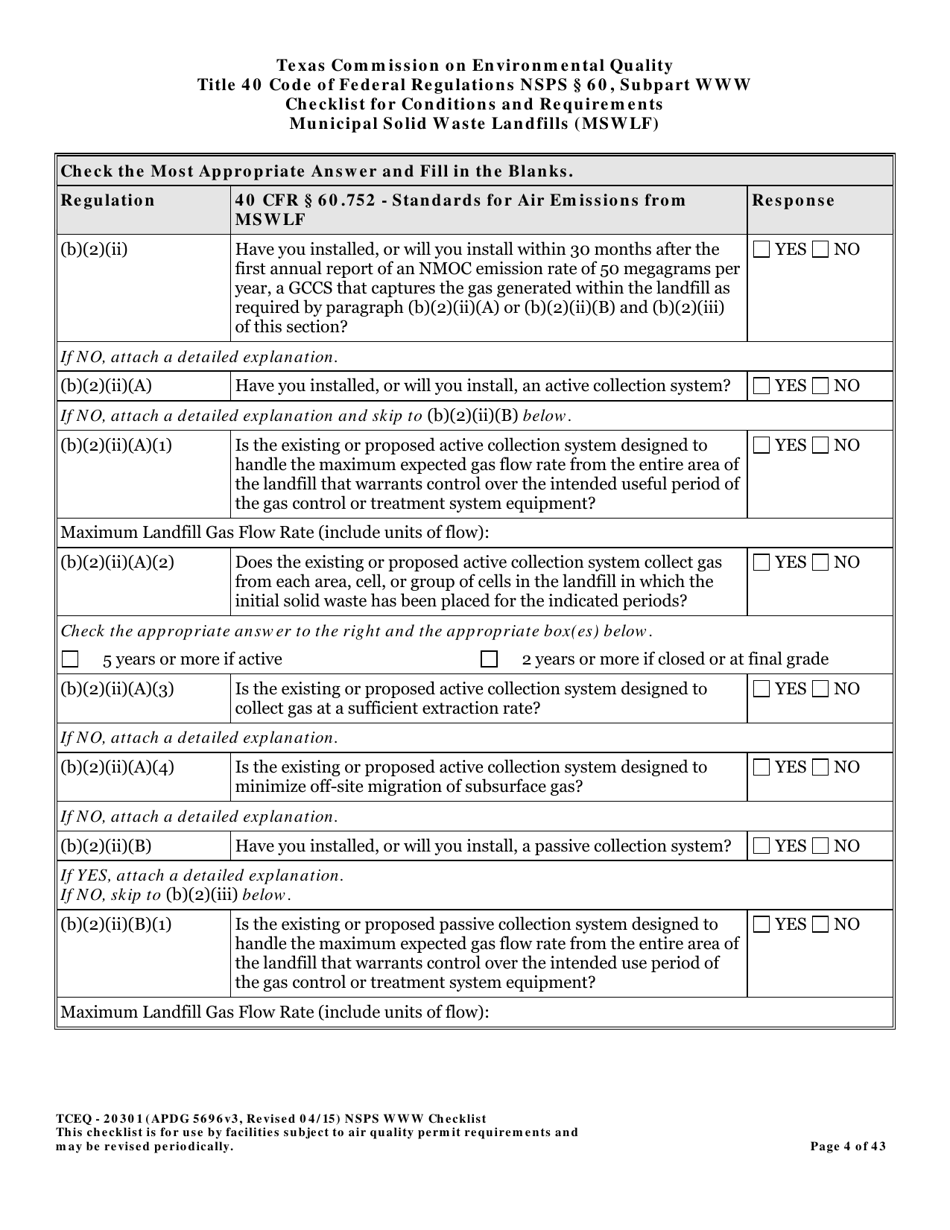 Form TCEQ-20301 Checklist for Standards of Performance for Mswlf Title 40 Cfr / Nsps Subpart Www - Texas, Page 4